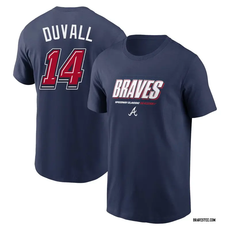 Men's Atlanta Braves ＃14 Adam Duvall Navy 2025 Speedway Classic Wordmark Name & Number T-Shirt