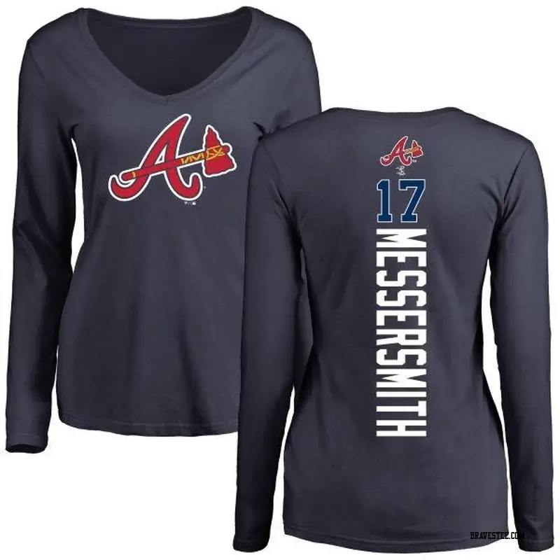 Women's Atlanta Braves ＃17 Andy Messersmith Navy Backer Slim Fit Long Sleeve T-Shirt