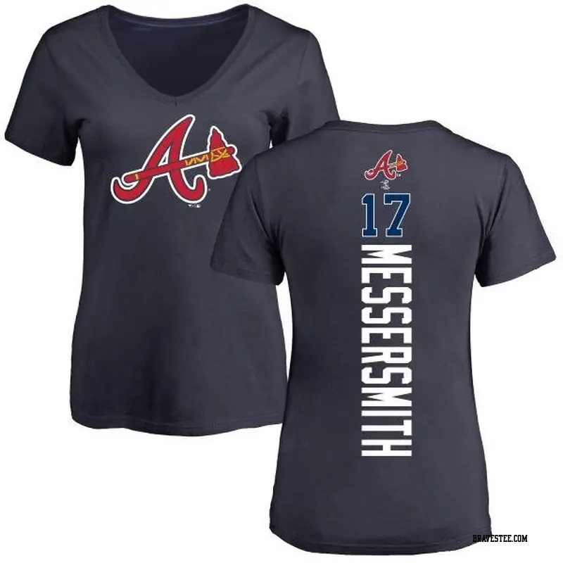 Women's Atlanta Braves ＃17 Andy Messersmith Navy Backer Slim Fit T-Shirt