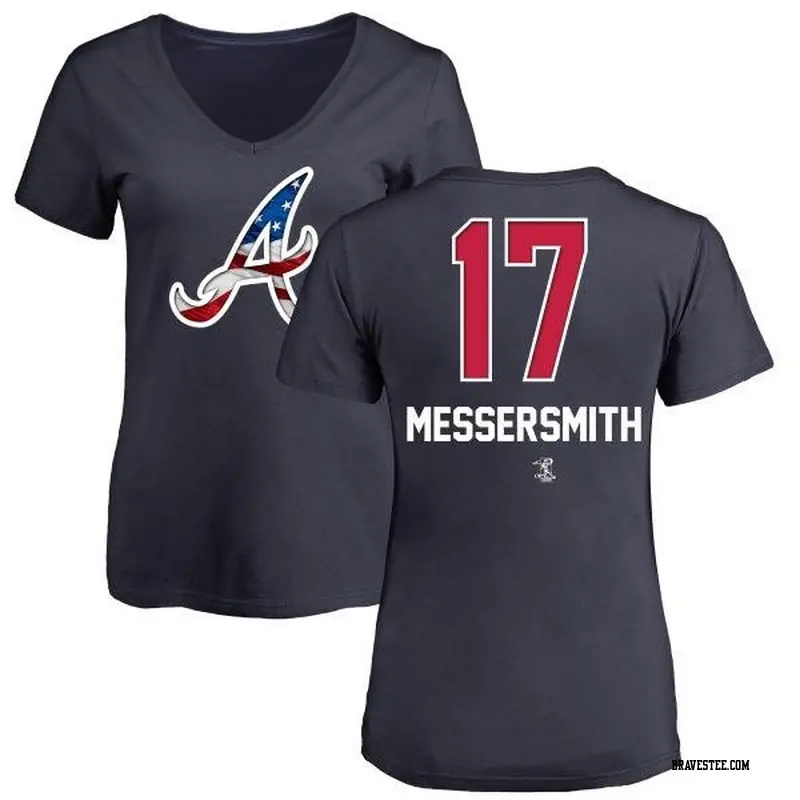 Women's Atlanta Braves ＃17 Andy Messersmith Navy Branded Name and Number Banner Wave V-Neck T-Shirt