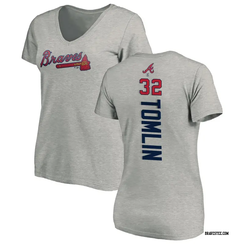 Women's Atlanta Braves ＃32 Josh Tomlin Ash Backer Slim Fit T-Shirt