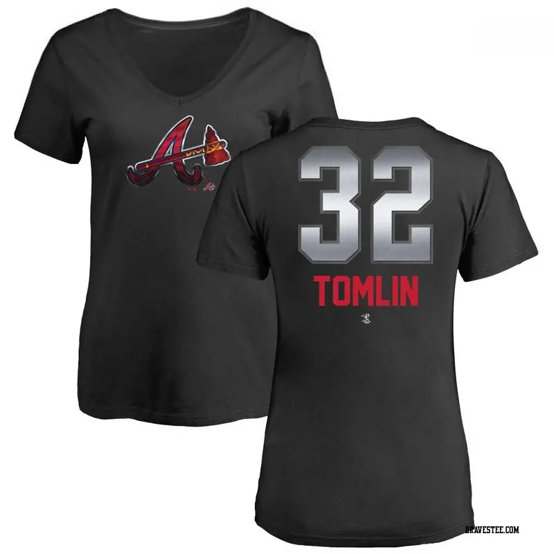Women's Atlanta Braves ＃32 Josh Tomlin Black Branded Midnight Mascot V-Neck T-Shirt