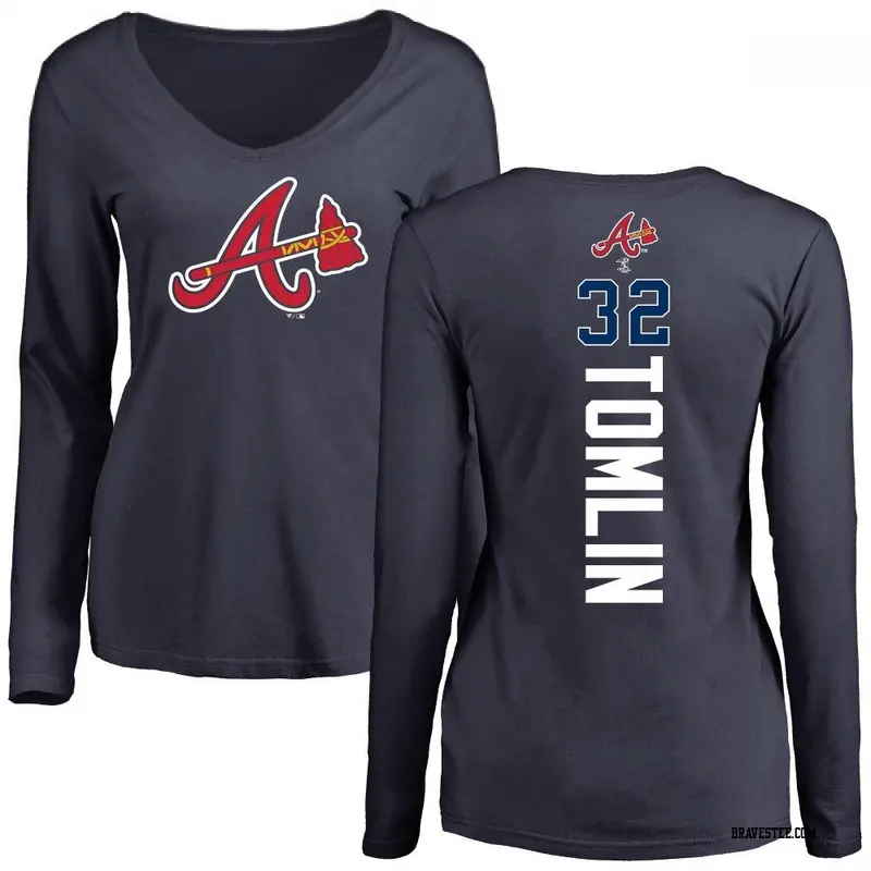 Women's Atlanta Braves ＃32 Josh Tomlin Navy Backer Slim Fit Long Sleeve T-Shirt
