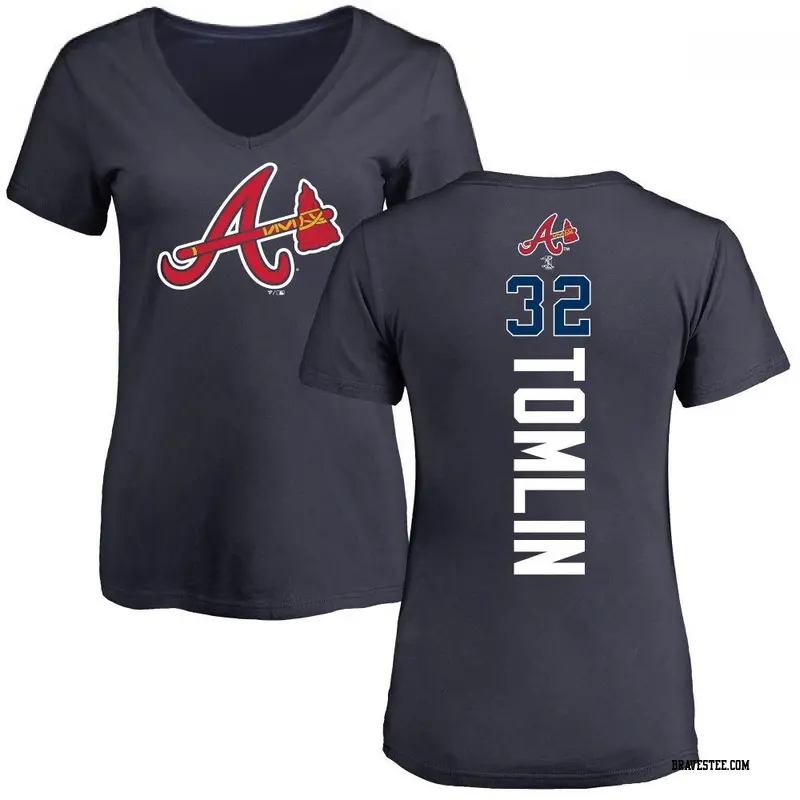 Women's Atlanta Braves ＃32 Josh Tomlin Navy Backer Slim Fit T-Shirt