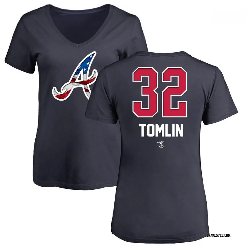 Women's Atlanta Braves ＃32 Josh Tomlin Navy Branded Name and Number Banner Wave V-Neck T-Shirt