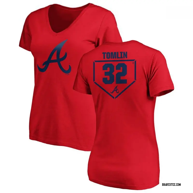 Women's Atlanta Braves ＃32 Josh Tomlin Red Branded RBI Slim Fit V-Neck T-Shirt