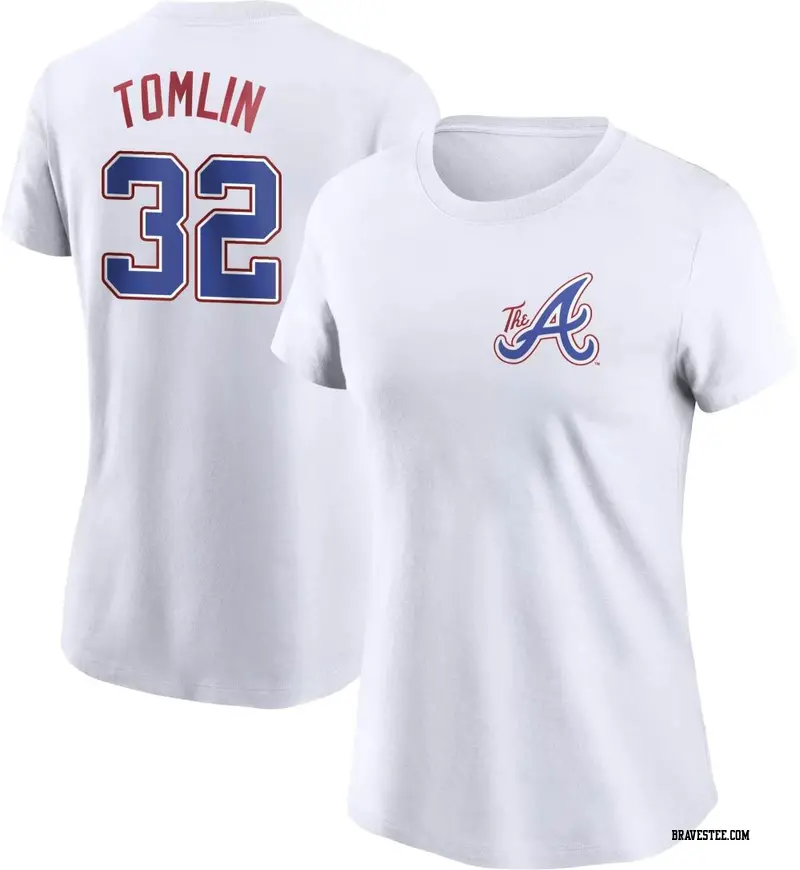 Women's Atlanta Braves ＃32 Josh Tomlin White 2023 City Connect Name & Number T-Shirt