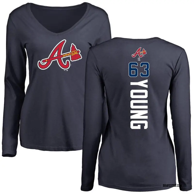 Women's Atlanta Braves ＃63 Danny Young Navy Backer Slim Fit Long Sleeve T-Shirt