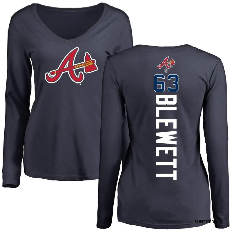Women's Atlanta Braves ＃63 Scott Blewett Navy Backer Slim Fit Long Sleeve T-Shirt