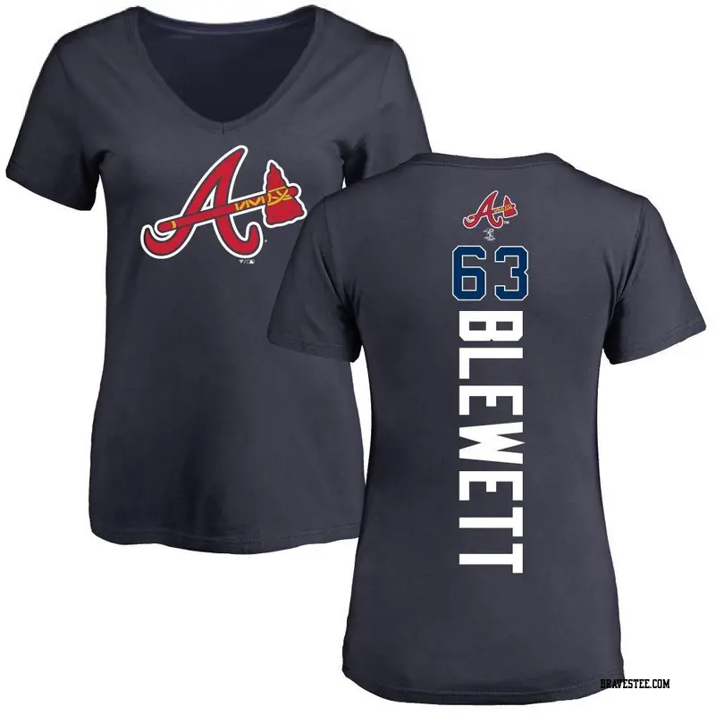 Women's Atlanta Braves ＃63 Scott Blewett Navy Backer Slim Fit T-Shirt