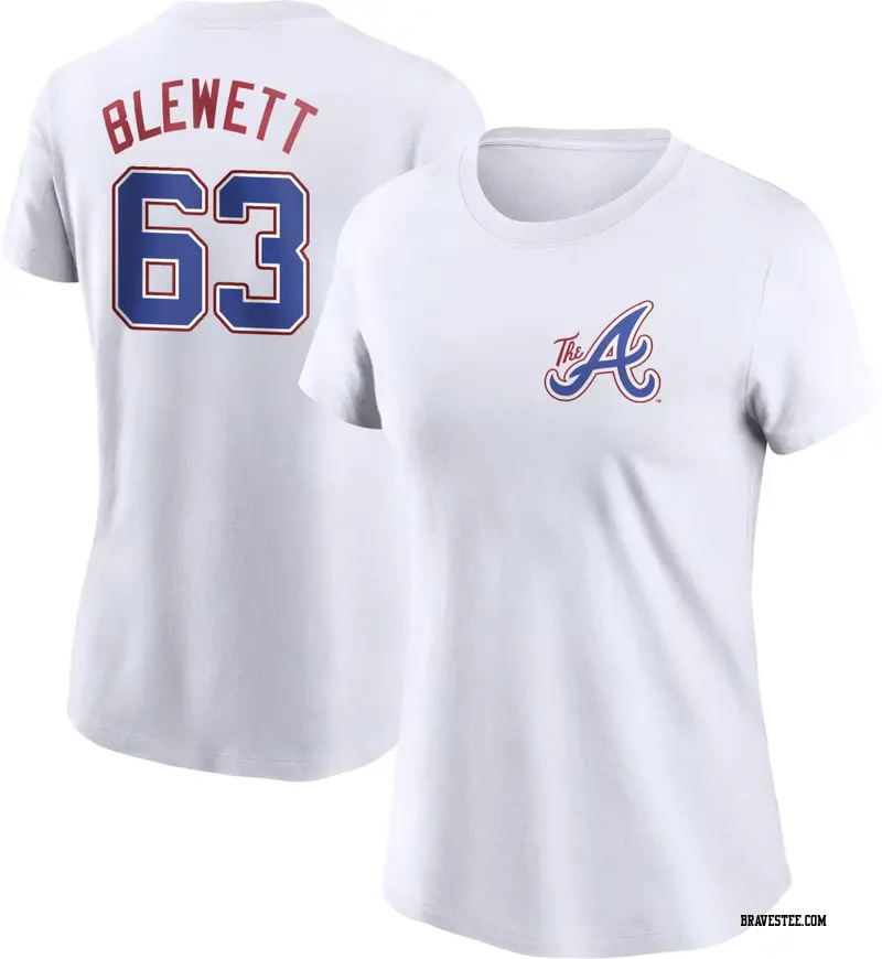 Women's Atlanta Braves ＃63 Scott Blewett White 2023 City Connect Name & Number T-Shirt
