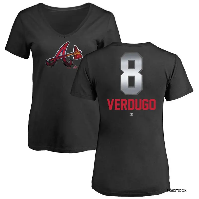 Women's Atlanta Braves ＃8 Alex Verdugo Black Midnight Mascot V-Neck T-Shirt