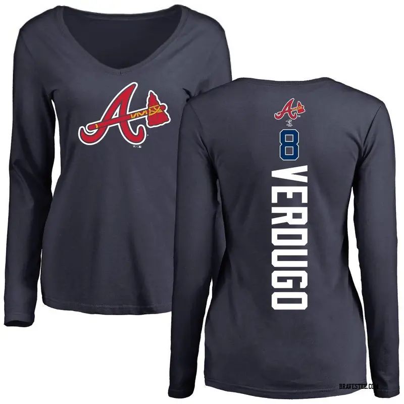 Women's Atlanta Braves ＃8 Alex Verdugo Navy Backer Slim Fit Long Sleeve T-Shirt