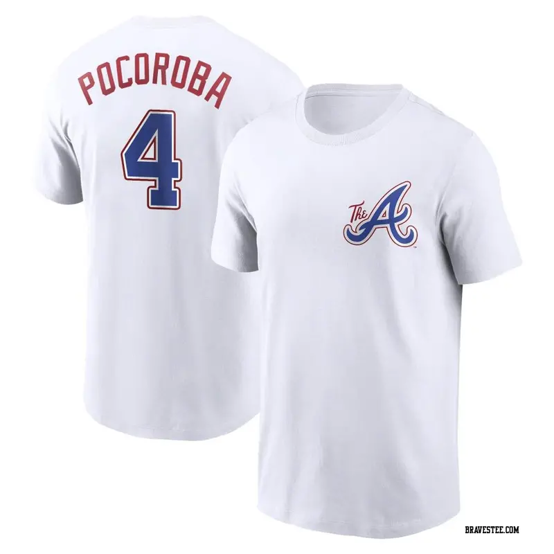 Youth Atlanta Braves ＃4 Biff Pocoroba White 2023 City Connect Name & Number T-Shirt